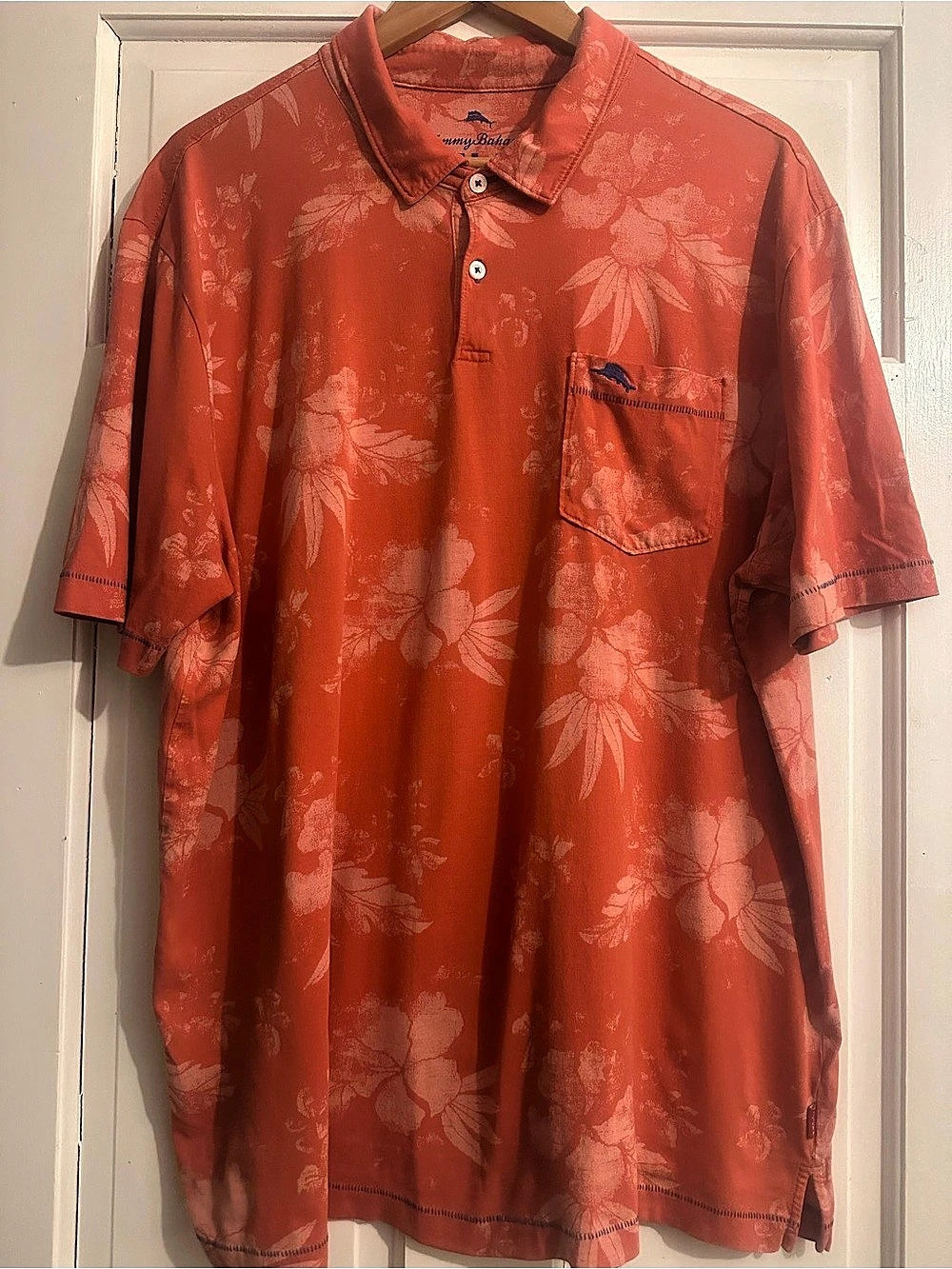 Tommy Bahama Relax Polo Shirt Men's XLCoral Orange Floral 100% Pima Cotton Pocke